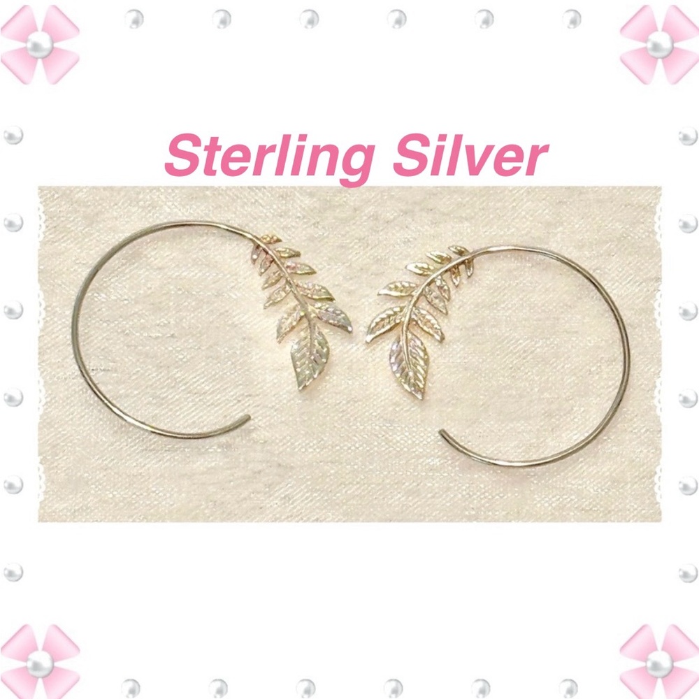 Earrings - sterling silver olive leaf 1” hoops - pre-loved - no discoloration - Picture 1 of 10